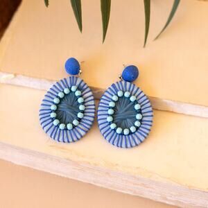 Blue raffia beaded earrings bold